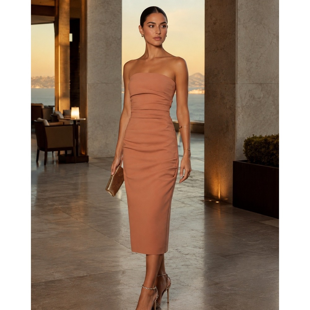 MISHA Calandra Strapless Ruched Bonded Crepe Midi Dress Praline Size 0